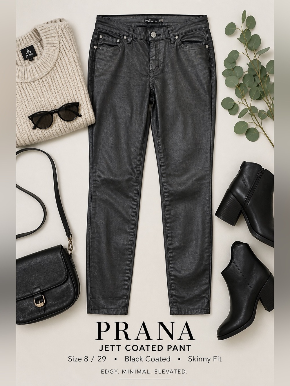PrAna Jett Coated Skinny Pants Black Moto Waxed Edgy Minimalist Size 8 / 29 C98